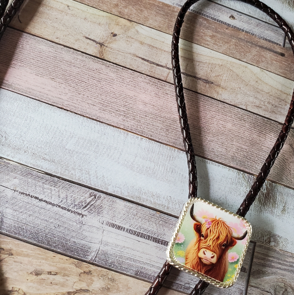 Cute Highland Cow Concho Western Necklace Bolo Tie With Hanava Braided
